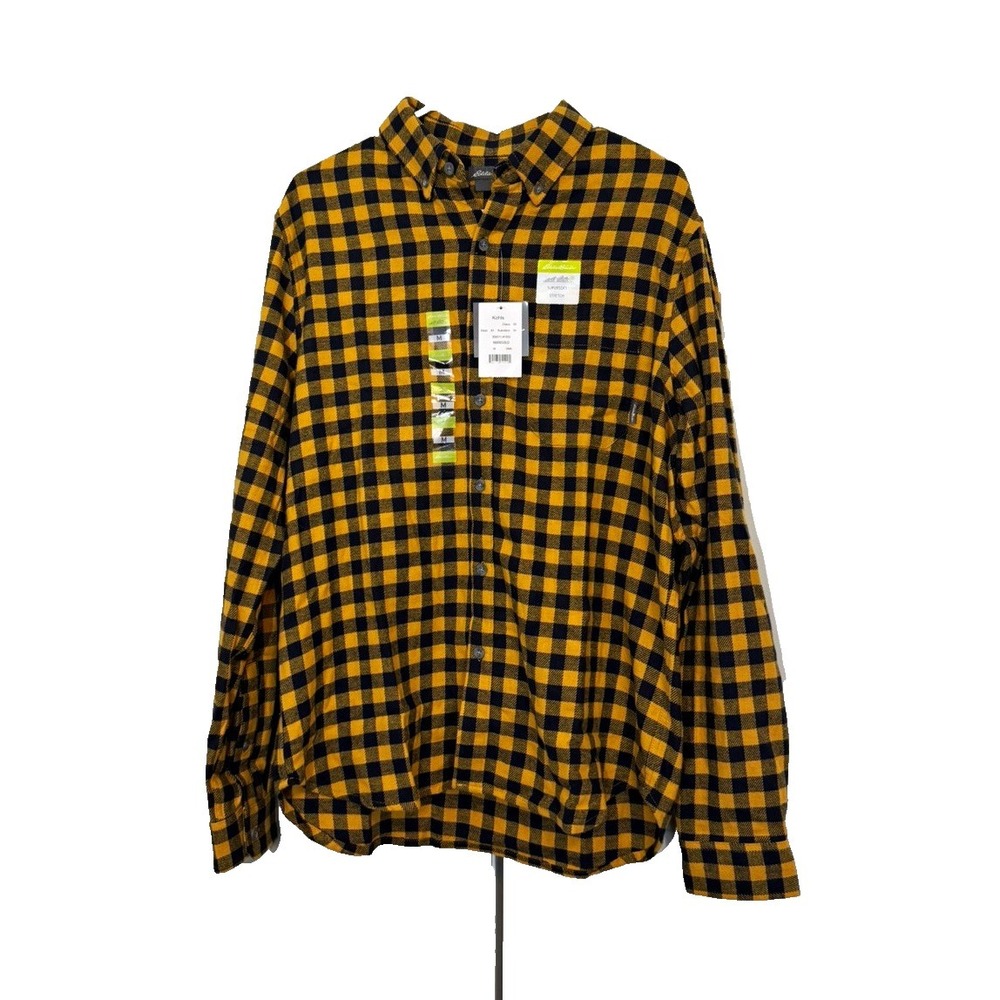 Eddie Bauer Mens M Flannel Plaid Button Down Shirt Yellow Black Marigold NWT